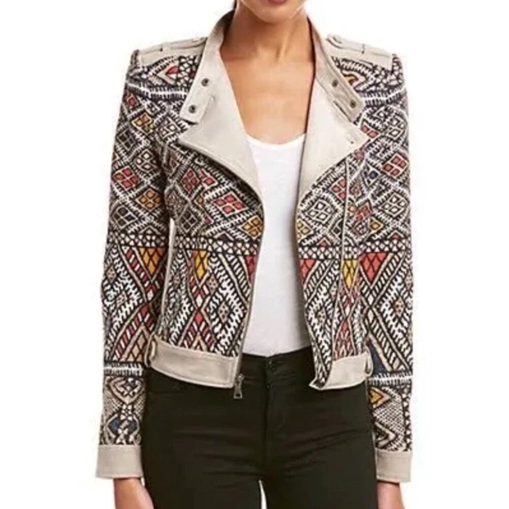 BCBGMAXAZRIA Ziggy Moto Woven Blazer Jacket Aztec Pattern